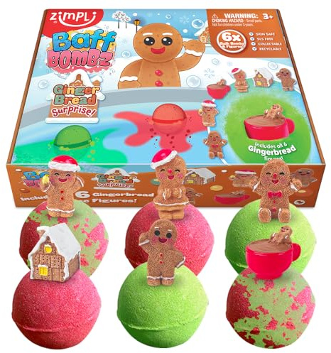 ZIMPLI - 6 x Large 100g Gingerbread Surprise Baff Bombz, 1 di 6 giocattoli Gingerbread da collezionare, uno per ogni bomba da bagno, regali di Natale da mettere nella calza per i bambini