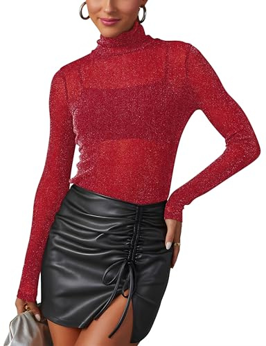 NONSAR Mesh Oberteile Damen Glitzer Durchsichtig Netzoberteil Transparentes Langarmshirt Sexy Mesh Sheer Shirt Clubwear Party Tops