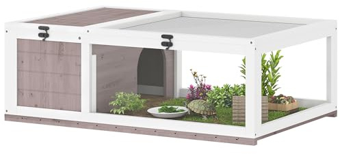 PawHut Maison pour Tortues de Terre avec Espace modulable - Habitat 2 Zones, Toit ouvrable - enclos et Cage en Bois intérieur extérieur pour Reptiles, 91x60,5x32cm Marron Clair