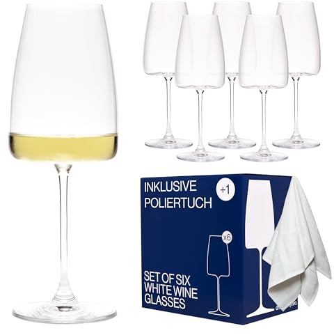 42 DRINKS Juego de 6 copas de vino blanco de 420 ml con paño de microfibra – Elegantes copas de vino y vasos Aperol Spritz – Apto para lavavajillas, embalaje irrompible, fabricado en Europa