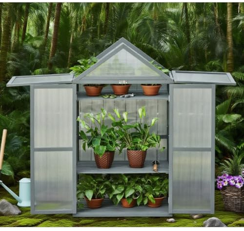 Heavy Duty Storage Shed w/Wooden Frame for Outdoor Indoor,Greenhouse Plant Garden Hot House with 2 Clear Doors &Adjustable Shelves for Flower Vegetables Herbs, Cold Protection Wind Rain Proof (Gray)