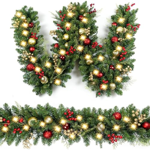 9FT/2.7M Christmas Garland with 50 LED Lights, 8 Modes Battery Operated Artificial Greenery with Silver Pine Cones Red Berries, Xmas Garland Decorations for Fireplace Stairs Tree Indoor Outdoor (A)