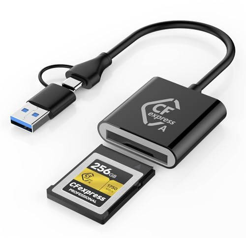 CFexpress Type A Card Reader with USB 3.2 (Gen 2) 10Gbps, USB-C&USB-A 2-in-1 Type A CFexpress Adapter, Compatible with Windows/Mac/Linux/Android, for iPhone 17/16/15, Laptops, Tablets, Smartphones