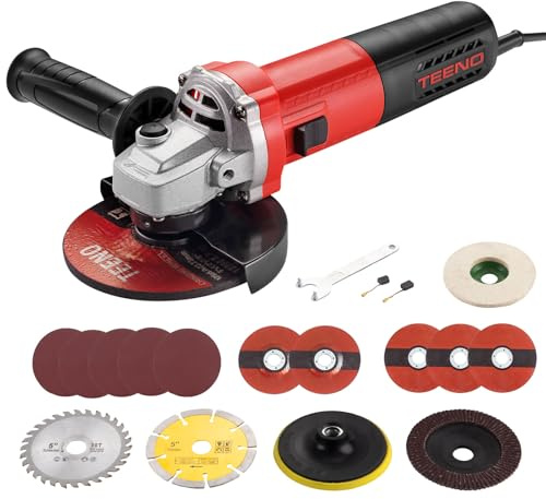 TEENO Amoladora Angular 125 MM 1000W 2000-12000 RPM Con 19 Accesorios, Radial Pequeña 125 mm, Amoladora Pequeña Para Cortar, Esmerilar y Pulir Metal, Madera, Cerámica y Piedra