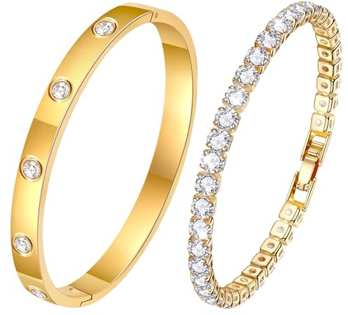 2 Set Armreif Gold Damen, Tennis Armband 925 Silber Freundschaftsarmbänder Titan-Stahl Wasserfest Armband 18K Gold Armbänder Damen Edelstal Geschenk für Frauen Geburtstagsgeschenk Jahrestag 17CM