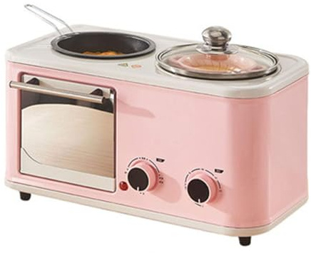 Máquina De Desayuno Eléctrica Multifuncional 4 En 1, Con Horno De 5 L, Olla Eléctrica De 1 L, Sartén Antiadherente Y Vaporera, Para Freír, Hacer Sándwiches Y Cocinar Saludablemente.,Pink