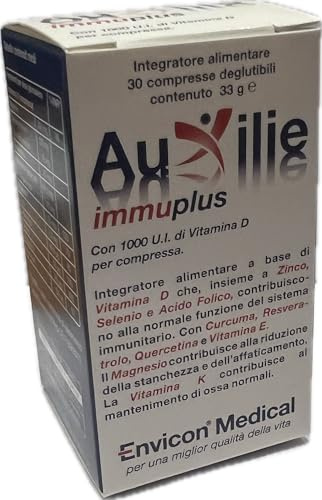 Auxilie® Immuplus - Integratore Immunomodulante e Antiossidante - Vitamina D3 1000 UI + K2, Magnesio, Zinco, Selenio + Curcuma Meriva®, Resveratrolo e Quercetina Fitosoma® - 30 Compresse Deglutibili