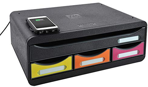 Exacompta 319798QID Ablagebox Toolbox Maxi mit 4 Schubladen und Ladefläche für Ihr Handy. Belastbare Schubladenbox mit hoher Kapazität für mehr Platz Harlekin schwarz/bunt