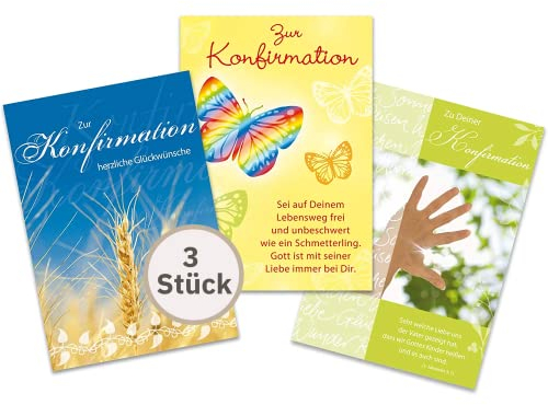 Perleberg 3 Karten zur Konfirmation - Kartenset Konfirmation - Konfirmationskarten Set mit verschiedenen Motiven - Glückwunschkarten mit farblich passendem Umschlag in 11,6 x 16,6 cm