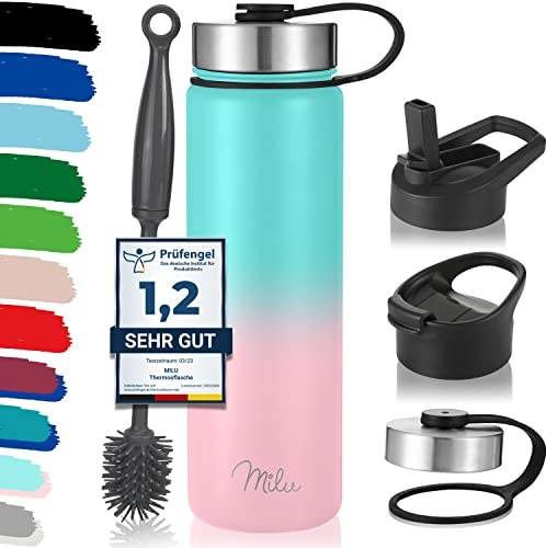 Milu Edelstahl Trinkflasche 500ml, 750ml, 1L (+3 Deckel) - Thermosflasche mit Strohhalm, Isolierte Wasserflasche, Auslaufsichere Isolierflasche doppelwandig, Kohlensäure geeignet (Mint Rosa, 750ml)