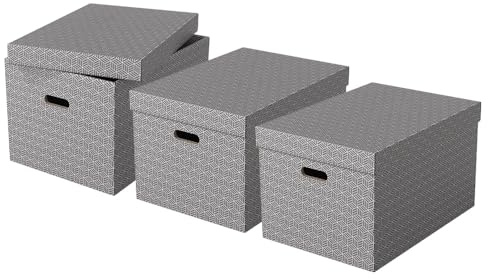 Esselte Stor förvaringslåda med lock, 3-pack, hem/kontorsförvaring och organisation, 100 % återvunnen kartong, 100 % återvinningsbar, hem geometrisk design, grå, 628287