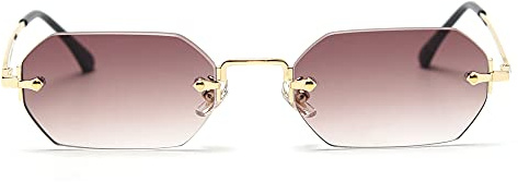 LIGOES - Occhiali da sole rettangolari da uomo, senza montatura, occhiali da sole ottagonali, piccoli, occhiali da donna, metallo, oro, poligono, blu, marrone uv400, Oro con marrone