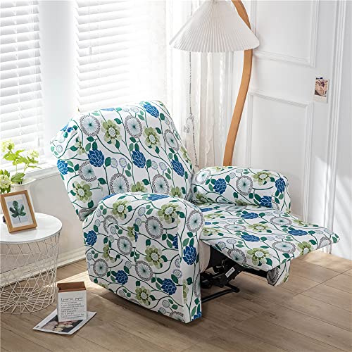 Highdi Stretchhusse für Relaxsessel Sesselbezug 4-teiliges Set, Komplett Sesselschoner Luxus Blumen Druck Ruhesessel Bezug für Fernsehsessel, Liege Sessel, Recliner Sessel (Grüner Löwenzahn)