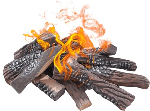 Gas Fireplace Logs, 10pcs Large Faux Firepit Set, Decorative Ceramic Firewood for Indoor Outdoor Gas Insets, Vented, Ventless, Electric, Ethanol, Gel Fireplaces, Wood Color, 15inch