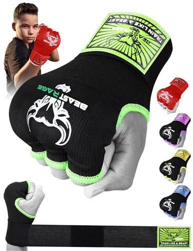 BEAST RAGE Bandages de Boxe Gel Gants de Boxe MMA 75 cm Longueur Bandage Rembourré Élastique Entrainement Rapide pour Boxe, Muay Thai, Sac de Frappe UFC - Bandages pour Hommes, Femmes, Enfants (Junior
