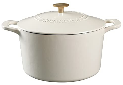 MARTHA STEWART Gatwick 7-Quart Enamel Cast Iron Dutch Oven – Linen White With Gold – Heavy-Duty Dutch Oven for Slow Cooking, Braising & Baking
