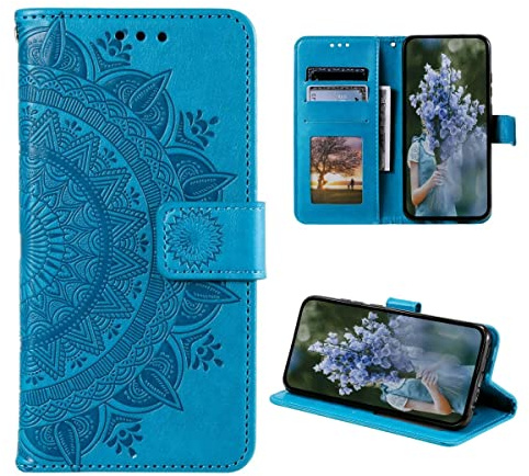 CoverKingz Handy Cover kompatibel mit Samsung Galaxy S23 Ultra - Handyschutz mit Kartenfach Klapphülle - Bookcase Hülle aufklappbar Motiv Mandala Blau