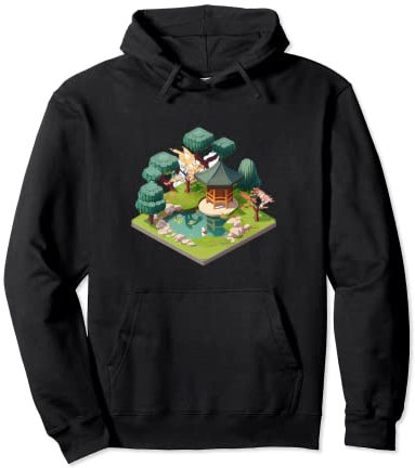 Japanischer Garten-Bonsai-Baum, Teich, isometrisch, 32 Bit Pullover Hoodie