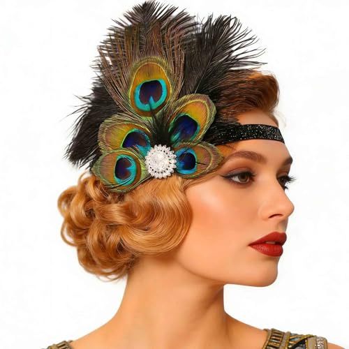 Fashband 1920er Jahre Stirnbänder Strass Vintage Pfau Stirnband Feder Kopfschmuck Great Gatsby Kostüm Zubehör für Frauen und Mädchen (silberfarben)