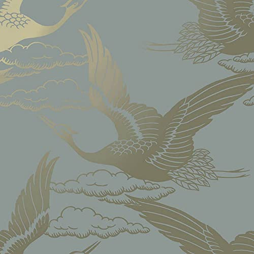 Holden Decor Glistening Cranes Wallpaper - Modern Metallic Wallpaper for Living Room, Bedroom, Fireplace - Decorative Luxury Nature Wall Paper with Cranes (Blue/Gold)