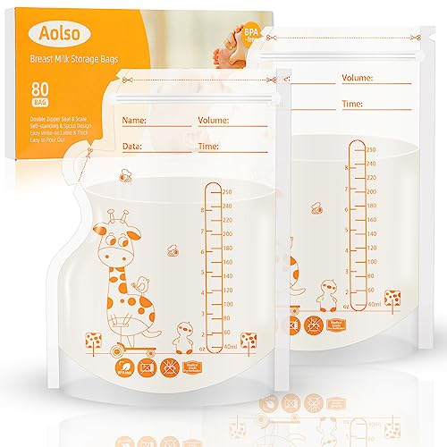 Aolso 80 Pezzi Sacchetti Latte Materno, 250ml Sacchetto Per La Conservazione Del Latte Senza BPA, Contenitore Latte Materno con Scala, Sacchetto di Stoccaggio Pre-sterilization Autoportanti