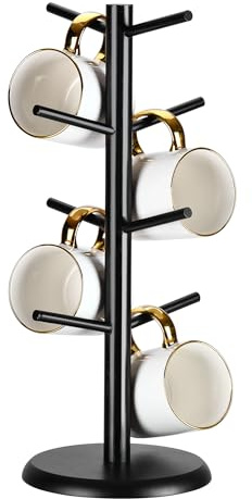 Lorbro Coffee Mug Tree with 8 Hooks, Mug Tree Stand, Wooden Coffee Cup Holder, Countertop Mug Tree, Mug Stand Kitchen Organizer, Cafe Accessories Decor & Kitchen Organizer Storage Stand (Black)