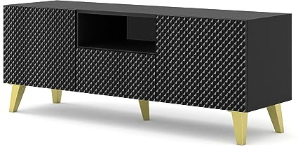 Homlando TV Schrank Ravenna C 150 cm 2D1S auf Beinen - Moderner TV-Stand – TV Board – Sideboard für das Schlafzimmer oder Wohnzimmer - Glanz (Schwarz Glanz auf goldenen Beinen)