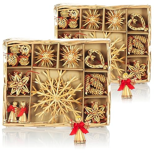 COM-FOUR® 52x Strohsterne im Mix-Set, Christbaum-Schmuck, Stroh-Anhänger | natürlicher Christbaum-Behang - Weihnachtsdekoration