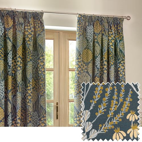 Wylder Nature Ophelia Floral Jacquard Pencil Pleat Curtains - 2 Panels - Width x Drop - 229 x 229cm (90 x 90) - Blue/Saffron