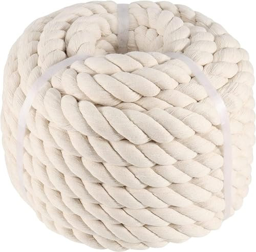 Corda in cotone naturale da 2,5 cm x 15,2 m, 3 fili di cotone intrecciato spesso, corda morbida non sbiancata per artigianato, sport, cesti appesi e decorazione della casa