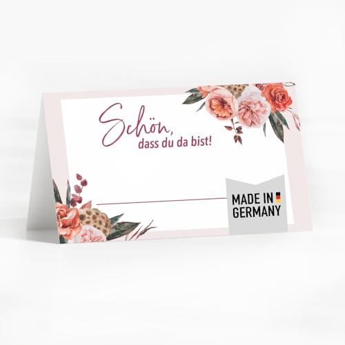 50 Tischkarten Rosen und Blumen Design Hochzeit oder Taufe Platzkarten zum Selbst beschriften mit Text Schön dass du da bist edle Sitzkarten