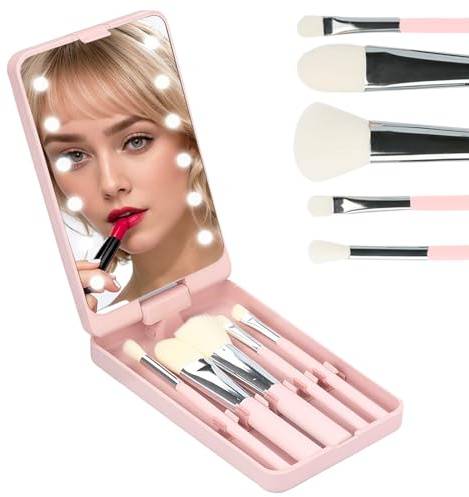 Pink Pocket Mirror with Led Light, 5 Makeup Brushes, Folding, Rechargeable, Dimmable, Compact Travel Mirror for Purse, Handbag