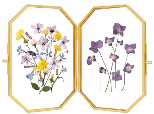 REDHUGO Double Glass Picture Frame Handmade, Glass Pressed Flower Frame, Hinged Tabletop Brass Photo Frames, Dried Flower Display Folding Frame for Home, Octagon, Gold, 4×6 Inches