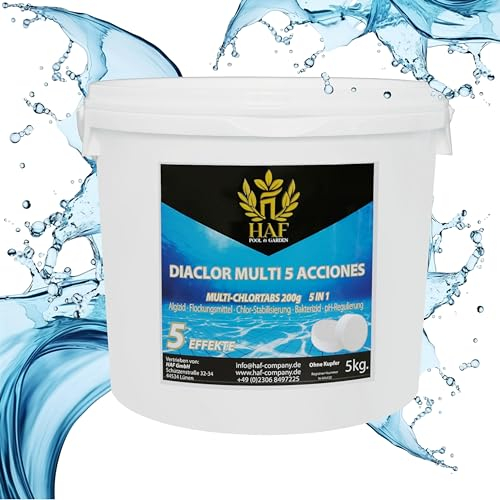 HAF® Pool Chlor Multitabs 5 in 1 | 5 kg | Langsam lösliche 200g Multi Chlortabletten mit 5 Phasen zur Pflege & Reinigung für kristallklares Poolwasser - Qualität: Made in Europe - Menge: 1 x 5 kg