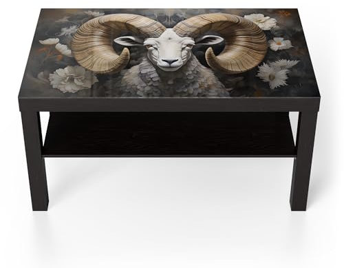DEQORI Glastisch | schwarz groß 90x50 cm | Motiv Naturkraft Widder | ausgefallener Beistelltisch aus Glas | Hochglanz Couchtisch fürs Wohnzimmer | moderner Couch Tisch mit Design
