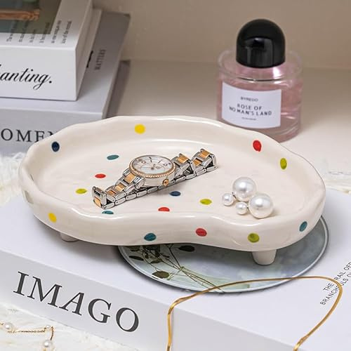 BIGPIPI Bandeja de cerámica para joyas, bandeja decorativa para perfume, cuenco para llaves, mesa de entrada, decoración de tocador de baño (blanco)