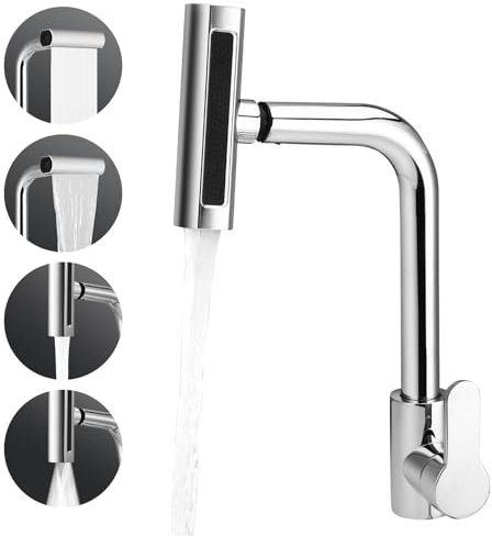 Waterfall Tap, Kitchen Mixer Tap with Pull Out Spray, 4 Spray Modes, Hot and Cold Function, 360° Swivel Single Handle Tap for Bathroom, Kitchen, Bar, Home, Outdoor, Brushed Faucet