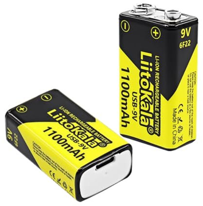 LiitoKala Batterie Ricaricabili 9V USB-C 1100mAh, Batteria al Litio Ricaricabili da 9V ad Alta Capacità con Indicatore LED per Allarme antifumo, Metal Detector, Walkie-talkie (2-Pezzi)
