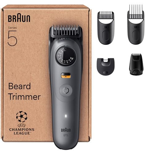 Braun Barttrimmer Series 5, Elektrischer Bartschneider Herren mit 5 Zubehörteile, Ultrascharfe ProBlade Klinge, 120 Min Akkulaufzeit, Kabelloser Bartrasierer, 40 Längen, Wasserdicht, BT5525, Grau