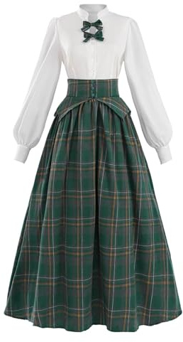 CR ROLECOS Victorian Dress Costume Womens Renaissance Medieval Dress White Edwardian Blouse with Plaid Skirt 2-Piece Set M