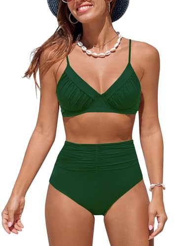 NLAND Costume da Bagno Donna Due Pezzi a Vita Alta Increspato Scollo a V Sexy Bikini Set Costumi Mare Halter Push Up Imbottito Beachwear(Verde,M)