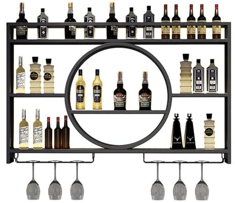 Mensola per Bottiglie di Vino in Metallo Nero con portabicchieri, espositore da Parete per Bar e ristoranti Domestici