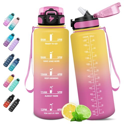 HoneyHolly Borraccia Acqua 1.5L, Borraccia Motivazionale con Cannuccia, A Prova di Perdita, Bottiglia Acqua per Scuola, Palestra, Campeggio, Ciclismo, Yoga