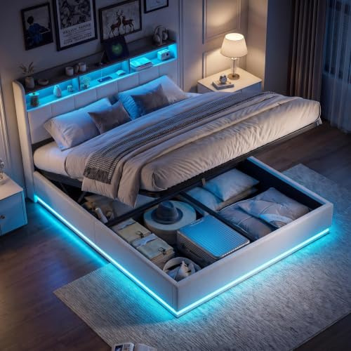 BPKADHY Bett 140x200 mit Stauraum, Polsterbett mit LED-Beleuchtung & Ladestation, Hydraulisches Stauraumbett Doppelbett Bettgestell mit Lattenrost und Kopfteil, Samt, Weiß, Ohne Matratze