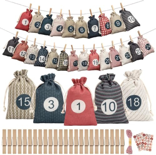 Gucass 24 Calendarios de Adviento para Rellenar, 2026 Calendario de Navidad Saquitos de Tela para Rellenar, Calendario de Adviento DIY para Hacer Uno Mismo Saquitos de Tela, Calendario de Adviento