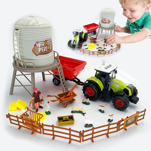 LioMaxi Scala 1:36 macchinina agricola inerziale (35 pz Accessori), Set di combinazione di animali e Recinto, per bambini, trattore, azienda agricola,3 effetti sonori simulati, luci .
