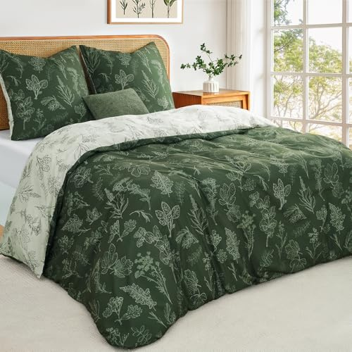 Duvetnova Bettwäsche 155x220 Blumen Olivgrün Pflanzen Wende Weich und Angenehm ÖKO-TEX Bettwäsche-Sets 1 Bettbezug 155x220 + 1 Kissenbezuge 80x80 -alle mit Reißverschluss