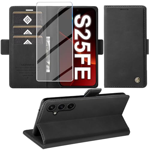 Cover per Samsung Galaxy S25 FE Custodia con Vetro Temperato, Premium PU Portafoglio Slot per Scheda RFID Antifurto Funzione Supporto Flip Case, Antiurto per Samsung S25 FE 5G Cover (Nero)
