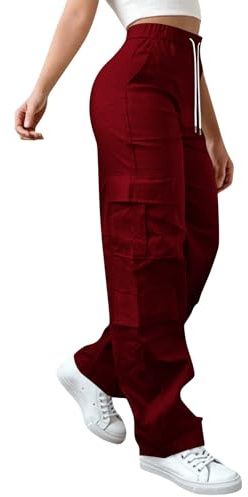 Womens Cargo Trousers High Waist Hiking Walking Combat Pants Stretchy Baggy Joggers Plain Drawstring Cargo Pants Ladies Straight Wide Leg Sweatpants Casual Tracksuit Bottoms Y2K Outdoor Streetwear