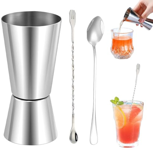 Misurino Doppio per Cocktail, 1 misuratori per liquori a doppia funzione, 1 cucchiaio da bar con manico corto e 1 cucchiaio di ghiaccio, Per Bar, Discoteche, Party, Feste, Cocktail, Shaker